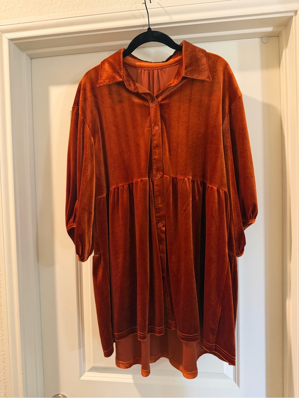 Burnt Orange Velvet Babydoll Shirt Dress Oversized Boho Fall